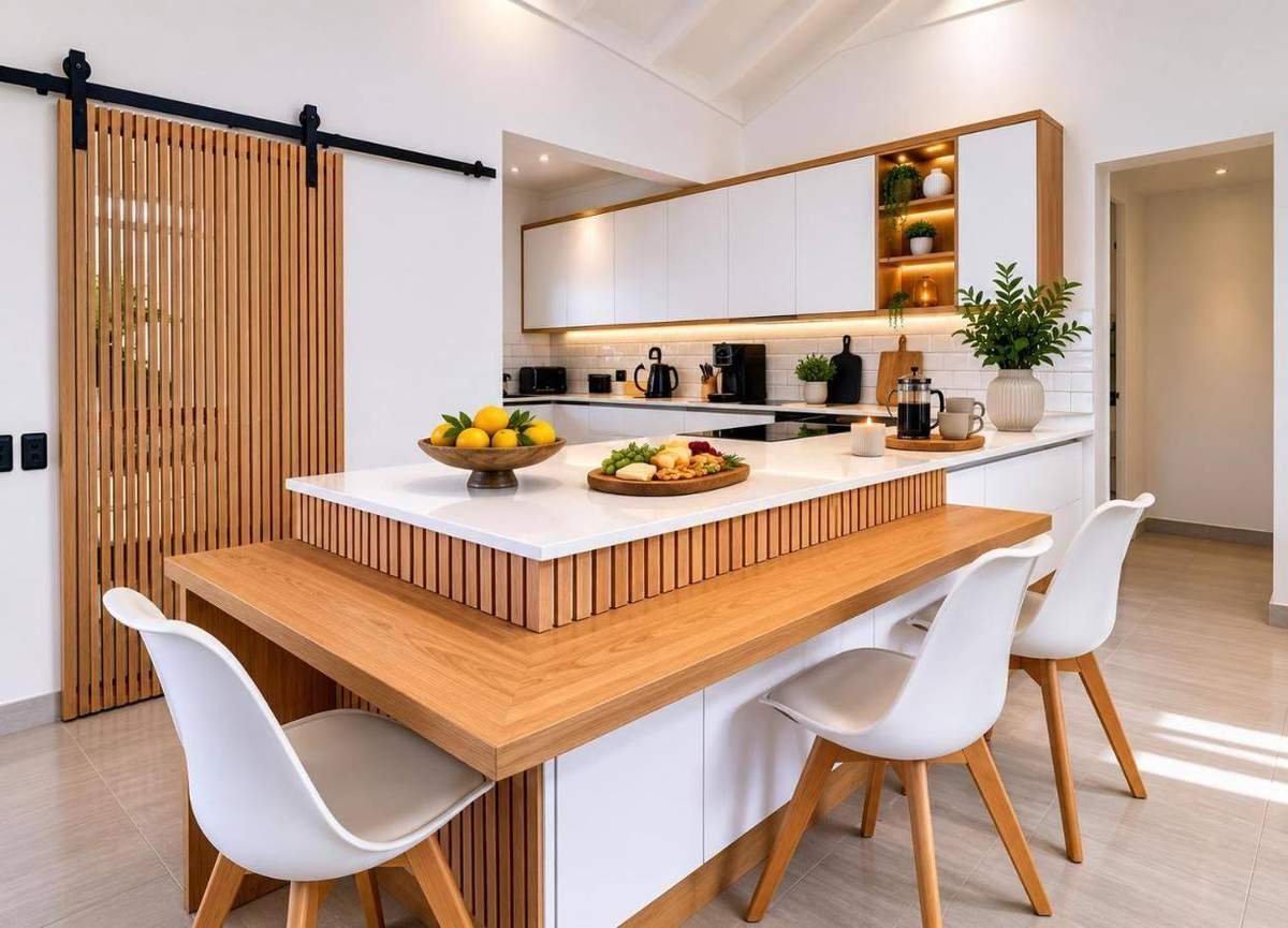 Modern open-plan kitchen with white island and wood breakfast bar at ONPOINT27 Pinnacle Point Lodge, Mossel Bay